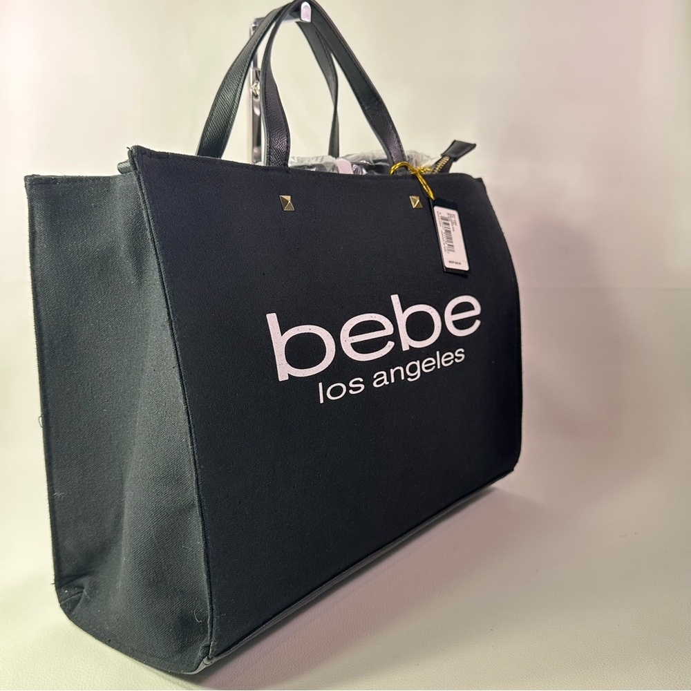 NEW Women’s Bebe Rian Black Canvas Tote Bag w/Gold Studs